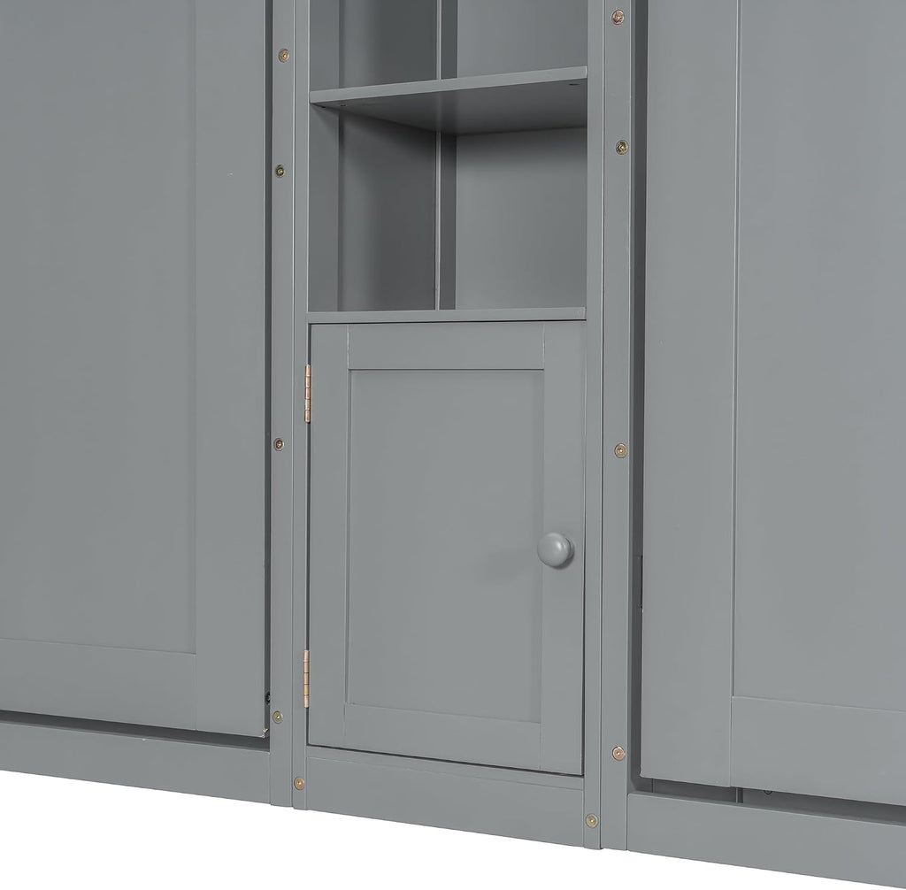 Dual Twin Murphy Beds with Storage Shelves and Cabinets, Pine Wood Space-Saving Hideaway Double Murphy Wall Beds with Storage,Support Legs and Slats