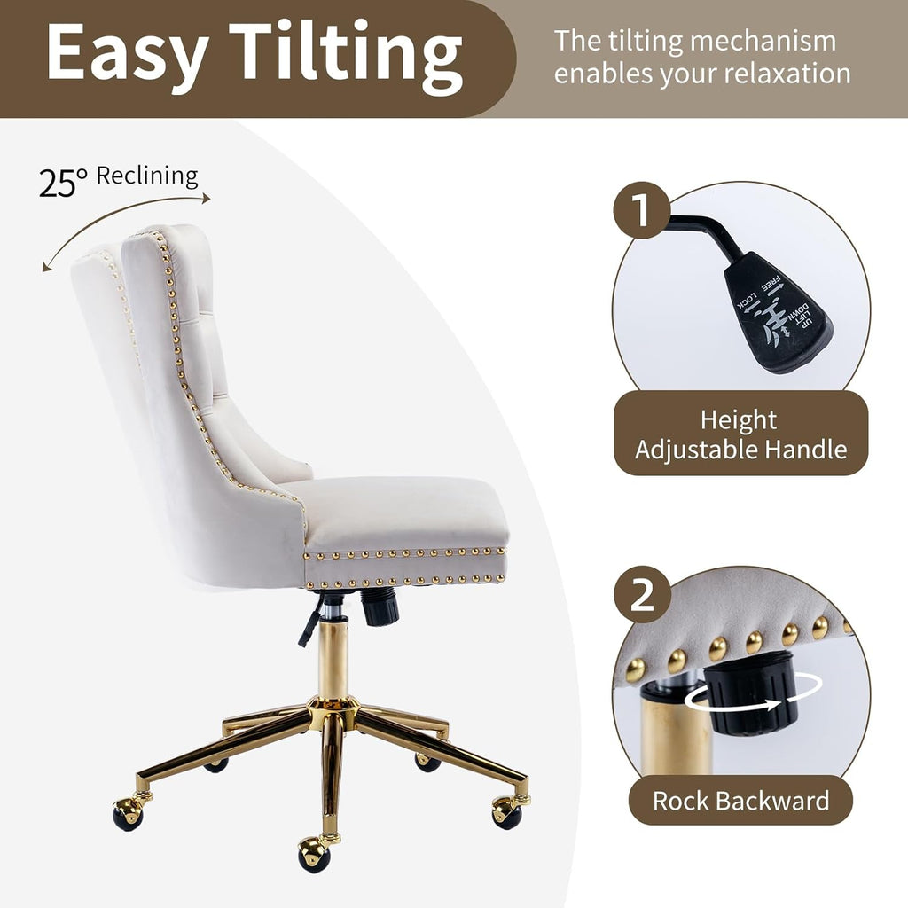 Velvet with Wheels and Gold Base, Armless Desk Chair with Tufted Back, Adjustable Height Swivel Vanity Chair