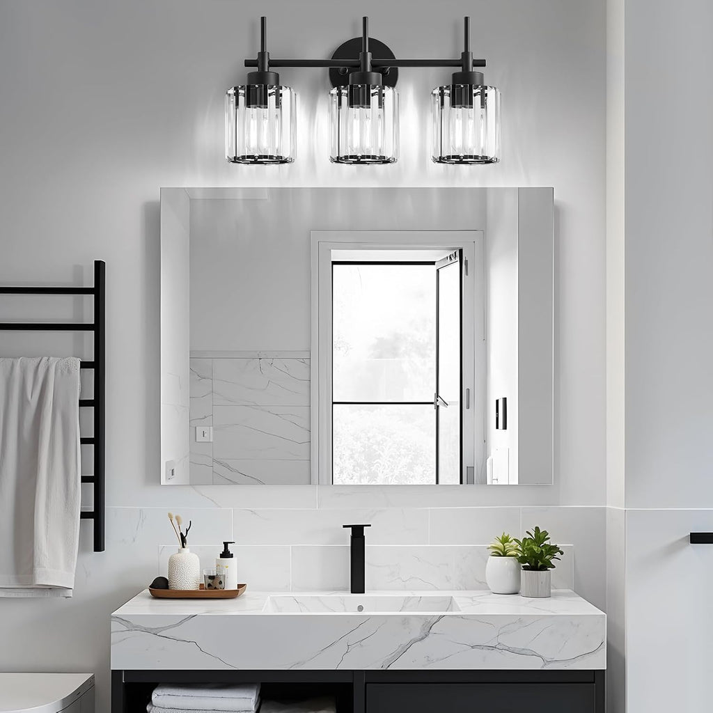3 Light Black Crystal Vanity Light, Modern Bathroom Vanity Light Over Mirror, Up and Down Mount Wall Sconce Lighting