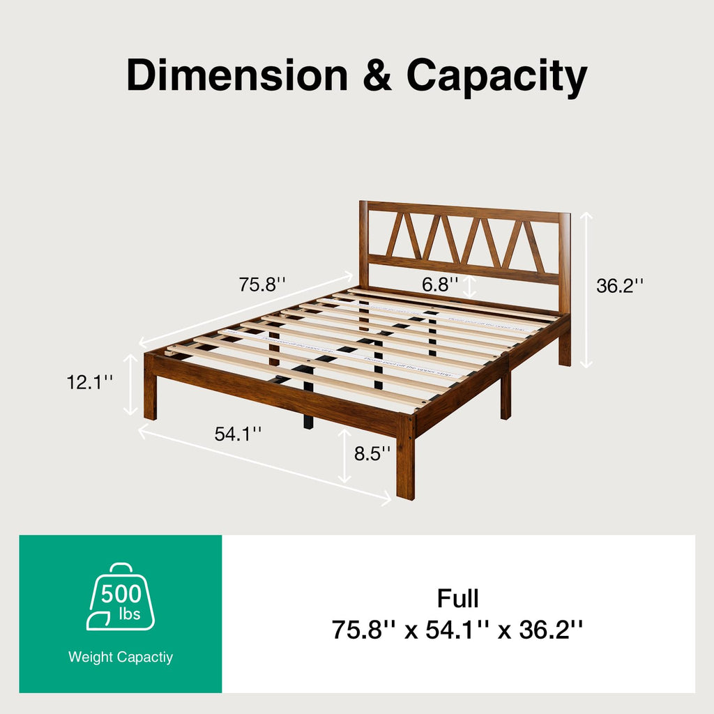 12 Inch Full Size Bed Frame Full Bed Frames with Headboard Solid Wooden BedFrame Foundation, No Box Spring Needed