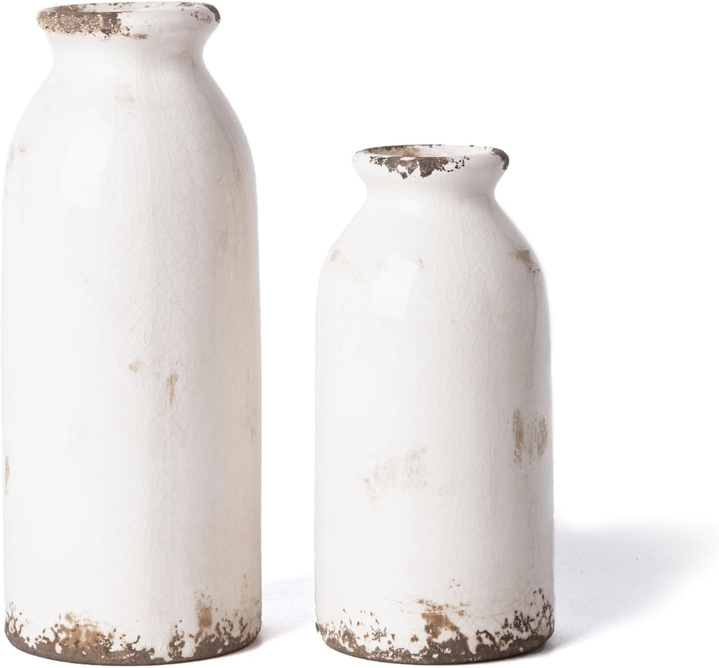 White Ceramic Vases Home Decor, Farmhouse Vase for Flowers, Flower Vase Set of 2, Rustic Decorative Vases for Pampas