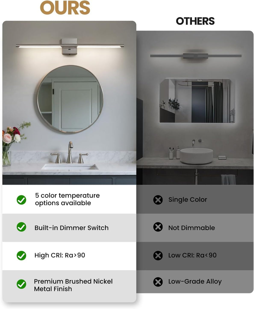 Brushed Nickel Vanity Light Fixtures Over Mirror 30 inch LED Bath Sconces IP44 5CCT Adjustable Morden Picture Lights