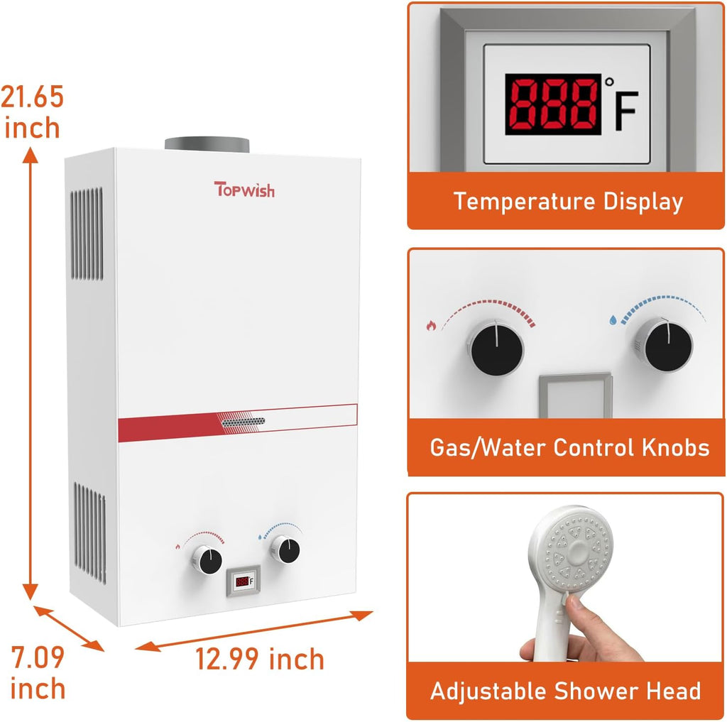 Portable Propane Water Heater Tankless, 10L 2.64GPM Instant Gas Hot Water Heater 68