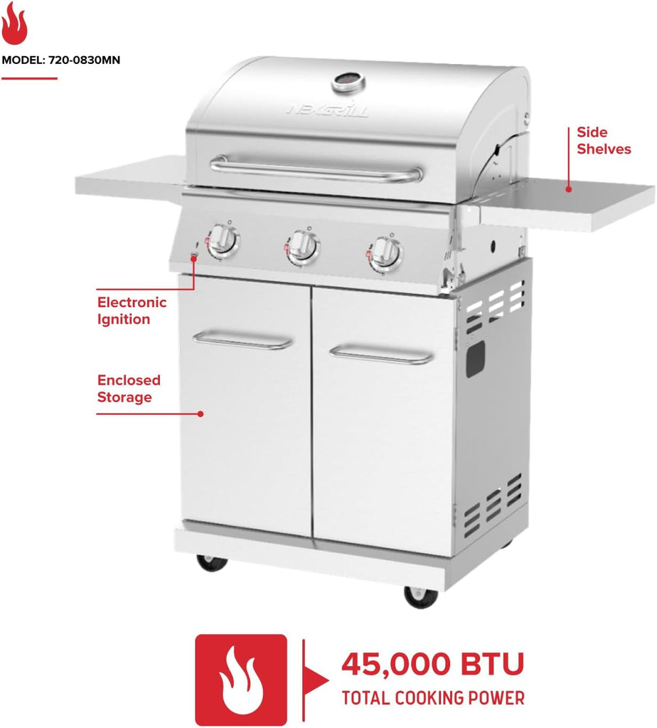 3-Burner Propane Gas Grill, 40,500 BTU Stainless Steel BBQ Grill with Foldable Side Shelves, 591 Sq. In. Cooking Area for Patio and Backyard