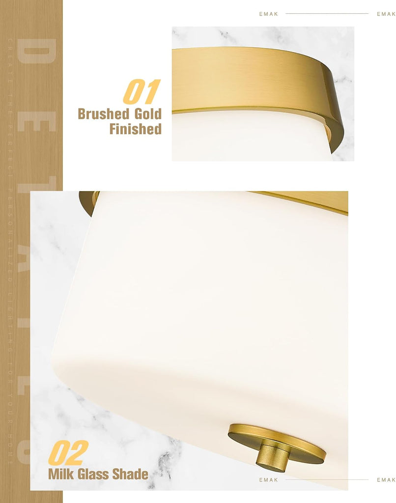 11 Inch Brushed Gold Flush Mount Ceiling Light Fixture, 2-Light Fixtures Ceiling Mount with Milk Glass Shades