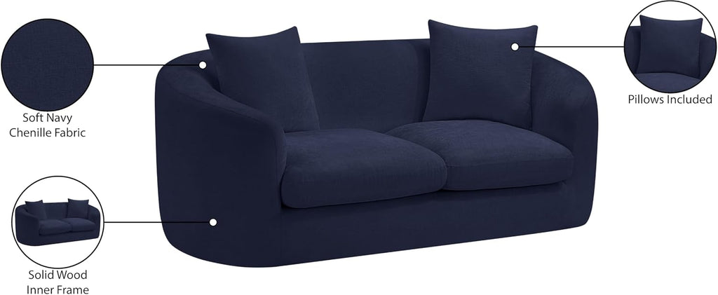 44073Navy-L Penelope Collection Modern | Contemporary Loveseat with Soft Navy Chenille Fabric, Solid Wood Inner