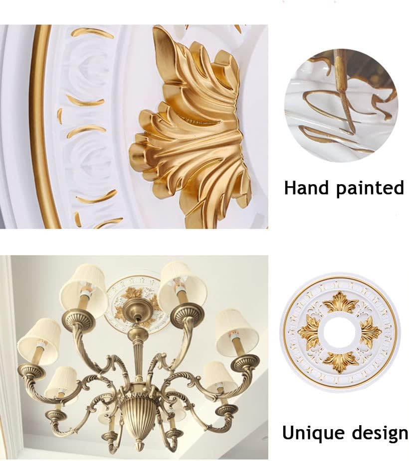 PU Decorative Ceiling Medallion for Light Fixtures and Ceiling Fans, Molded Plastic, Gold and White Finish, (B-15.6"OD