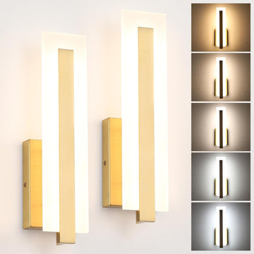 Hardwired Gold Dimmable Modern LED Wall Sconce 2 Packs 3000K 3500K 4000K 5000K 6000K Indoor Wall Lights Up and Down