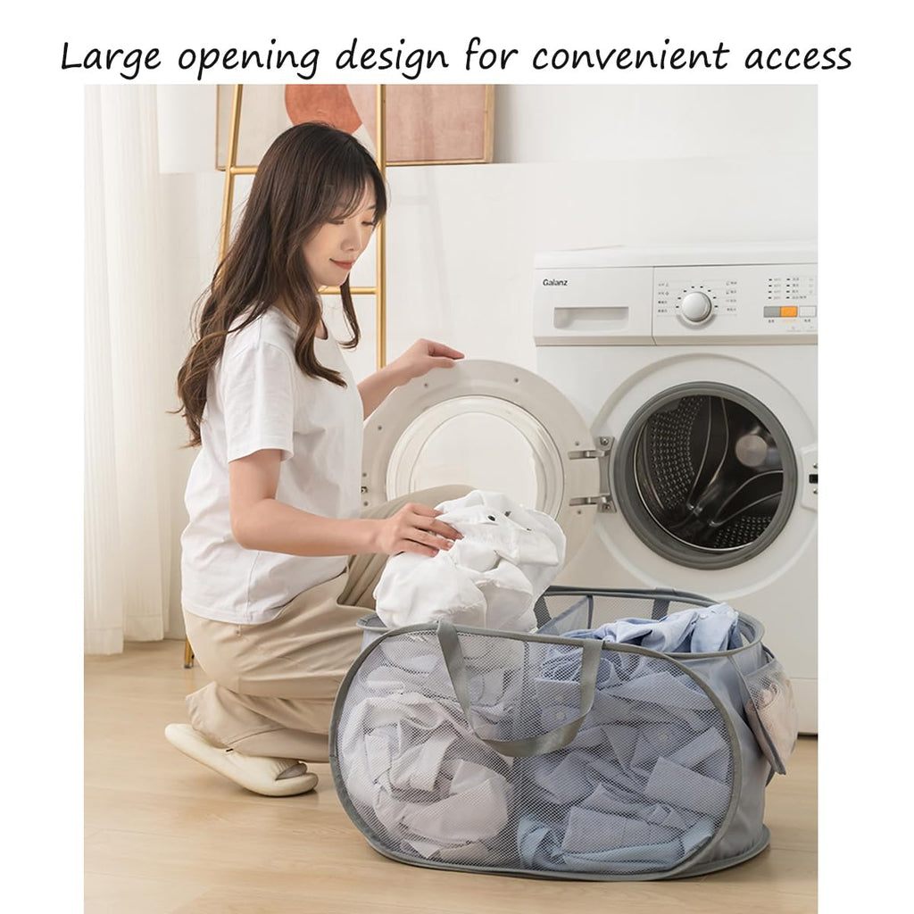 Mesh Laundry Hamper Basket, Sturdy 3 Compartments Laundry Basket, Foldable Pop up Laundry Hamper with Side Pocket for