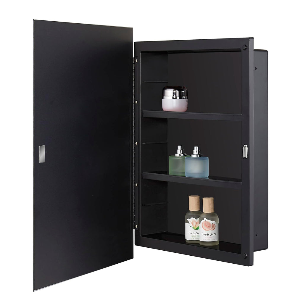 Black Plastic Bathroom Medicine Mirror Cabinet 16 x 22 inch, Surface and Recessed Mount, Beveled Edge Mirror