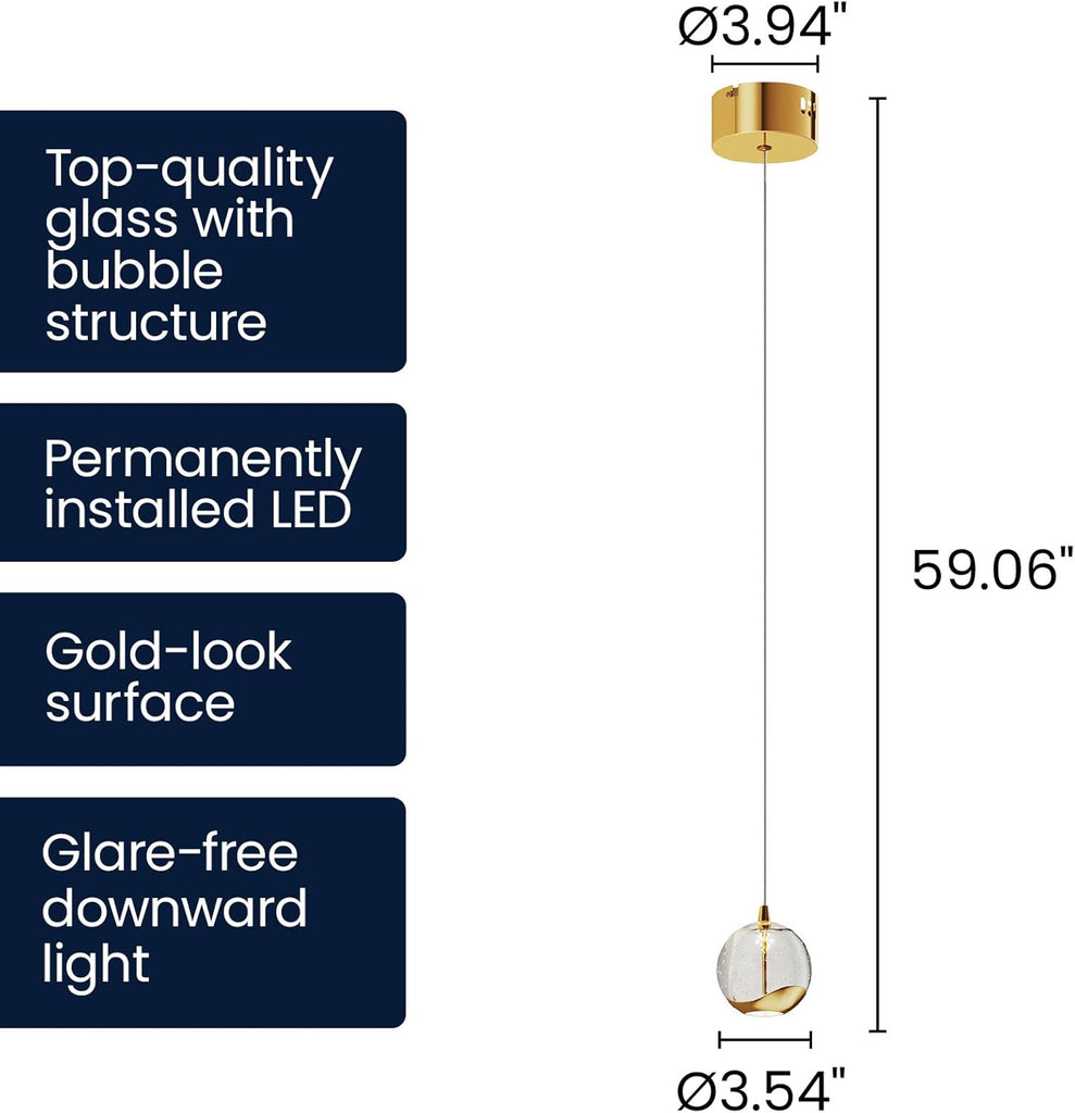 Modern Gold Single Pendant Light with Bubble Glass, Small Globe Pendant Light 70.86" Drop, Kitchen Pendant Lighting