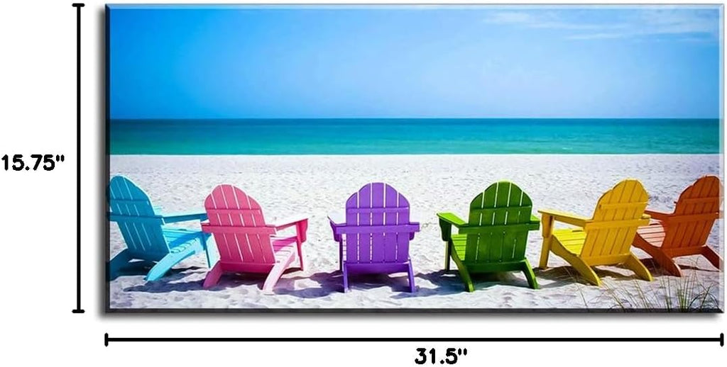 Beach Canvas Wall Art , PIY Blue Sea with Colorful Chairs Picture Prints Decor, Relax Leisure Time Home Decorations