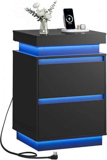 Black LED Nightstand with Charging Station, 26 Inches Night Stand with Sliding Top, 2 Drawers, 29 Colors and