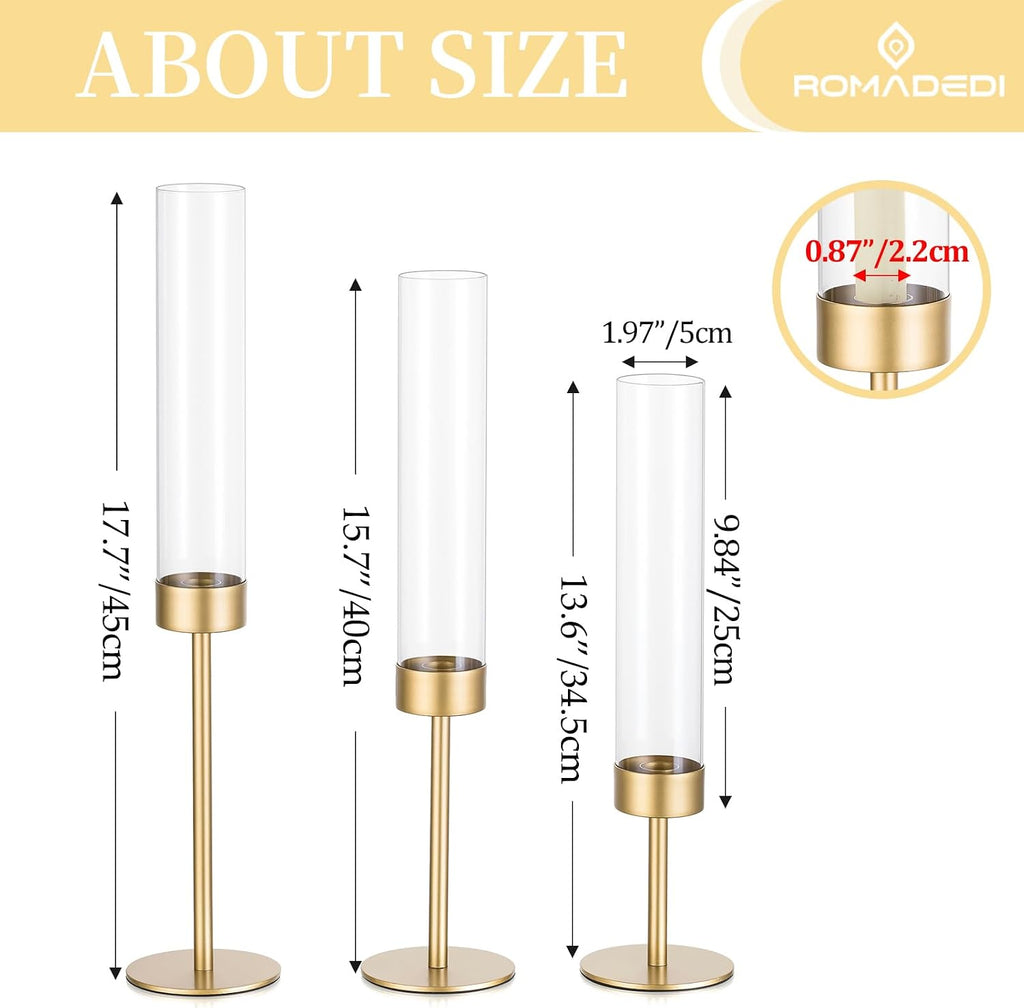 Glass Hurricane Candlestick Holders Gold - 18 PCS Taper Candle Holder Bulk Tall Clear Glass Cylinder Table