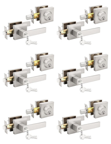 6 Pack Brushed Nickel Keyed Alike Front/Exterior Door Lever with Single Cylinder Deadbolt, Square Entry Door Knob