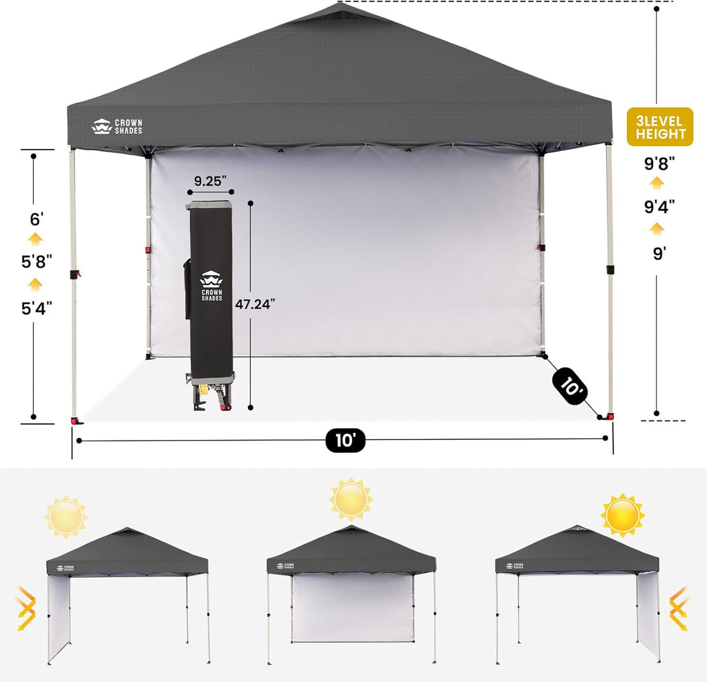 10x10 Pop Up Canopy with 1 Side Wall - Beach Tent with One Push Setup - Grid Grey