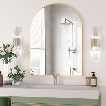 Arched Wall Mirror, 40"x30" Arched Mirror Wall Mounted Mirror with Metal Frame, Gold Vanity Mirror Decor for Mantle