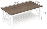 Farmhouse Coffee Table, Rustic Vintage Living Room Table with Shelf, 40 White