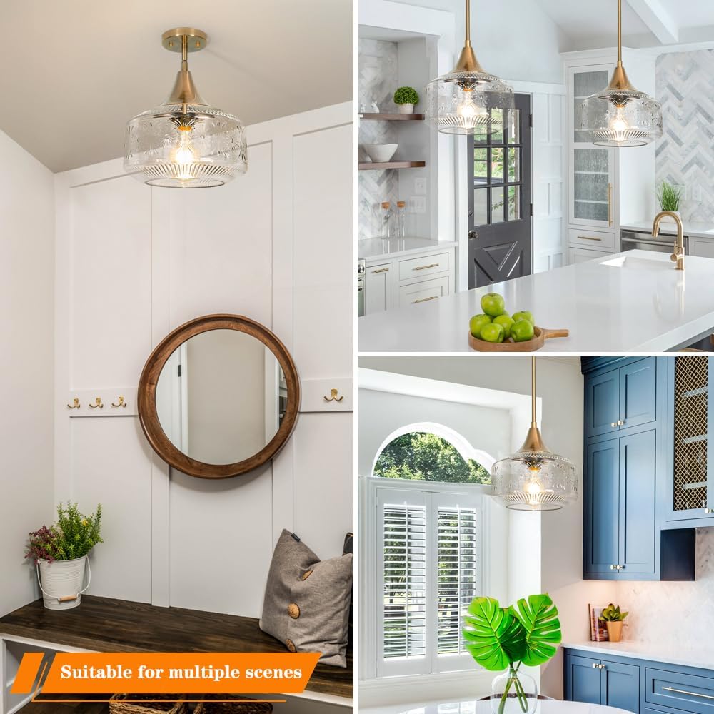 Vintage Gold Pendant Light with Clear Glass, Adjustable Kitchen Pendant Lighting over Island, Brushed Pendant Lights