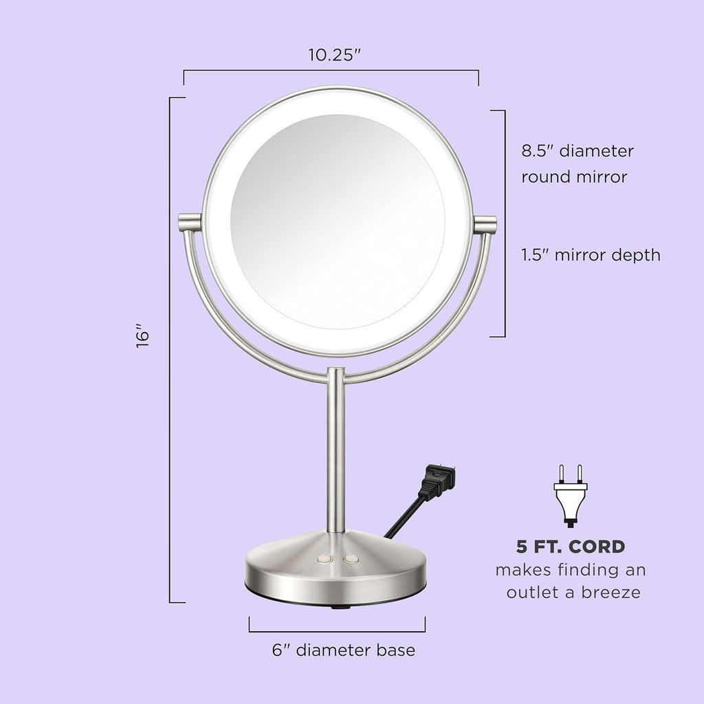 Lighted Makeup Mirror, Double-Sided LED Vanity Mirror with 1X/10X Magnification, 3 Light Settings, 3 Modes, 360°