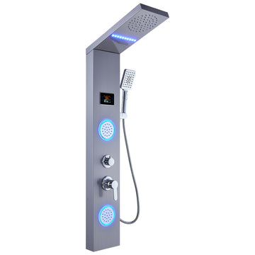 Shower Panel System Tower, LED Rainfall and Mist Head Rain Massage Stainless Steel Bathroom Fixtures with LED Body