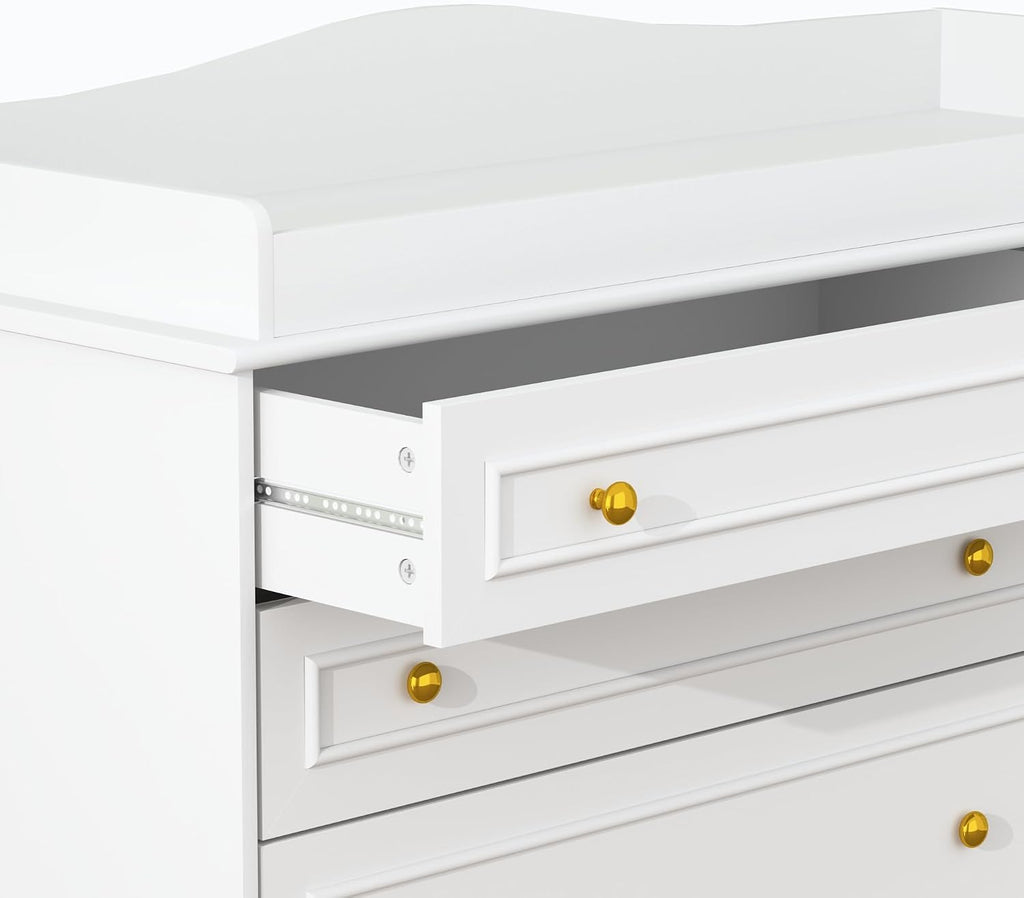 White Changing Table Dresser, Baby Nursery Dresser, Baby Diaper Changing Table, 5 Drawers, Adjustable Shelves, Metal