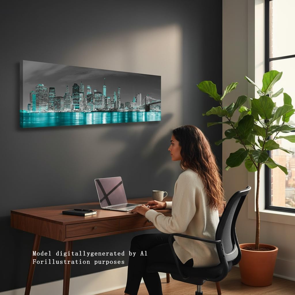 New York Skyline City Wall Art Framed Black and White Turquoise Bedroom Decor Pictures Canvas Prints Manhattan