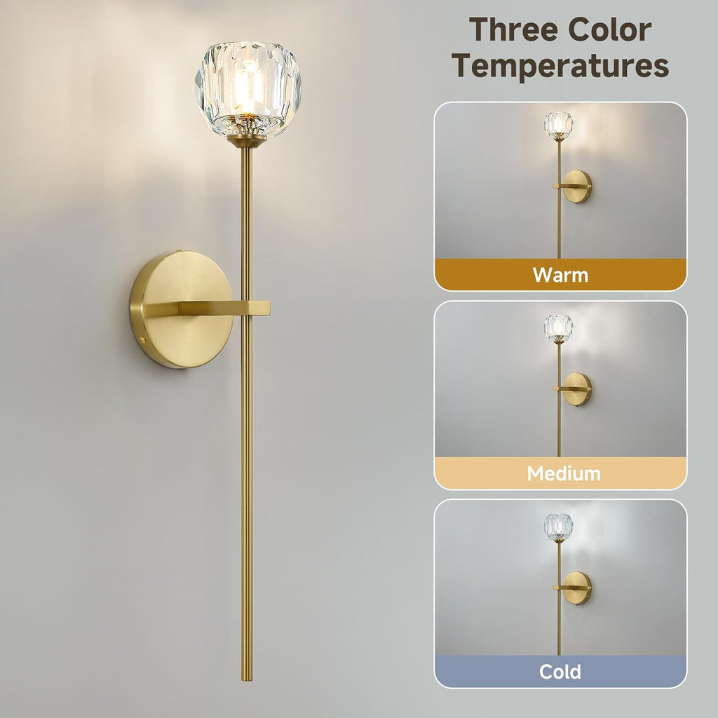 Gold Crystal Wall Sconces Set of Two with G9 Bulbs, Mid Century Modern Diamond Light Brass Vintage Long Lighting