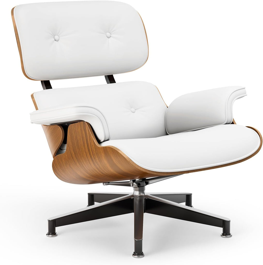 Mid-Century Modern Lounge Chair & Ottoman — White PU Leather, Walnut Base, Standard