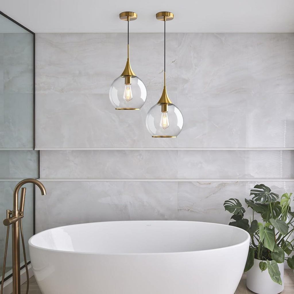 Pendant Lights Kitchen Island: Brushed Gold Light Fixture Farmhouse with Clear Glass - 10 Inch Mid Century Globe