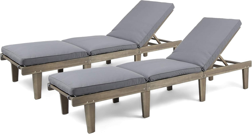Outdoor Acacia Wood Chaise Lounge (Set of 2), Grey Finish/Dark Grey Cushion