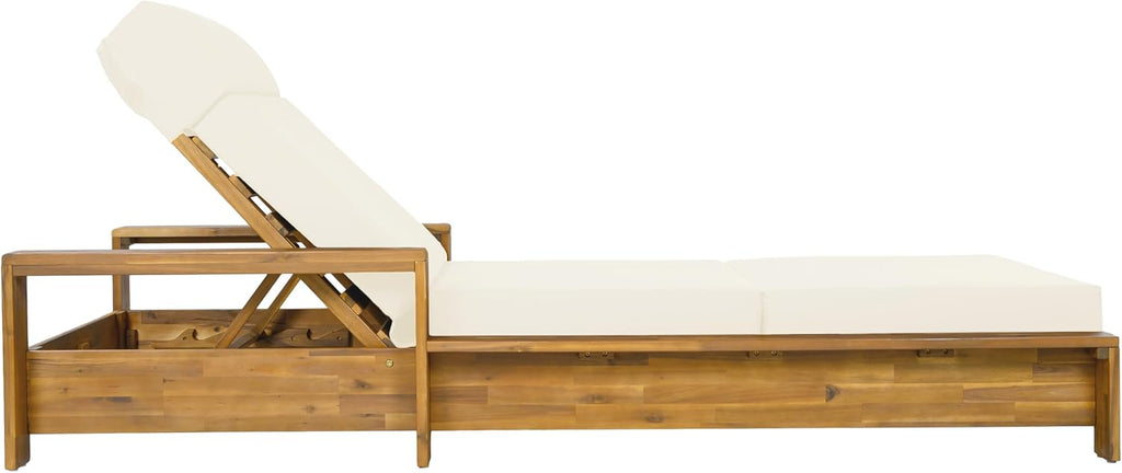 Teak Finish Acacia Wood Outdoor Chaise Lounge Frame Set with Armrests, 3-Position Adjustable Recliner, 4-Fold Beige