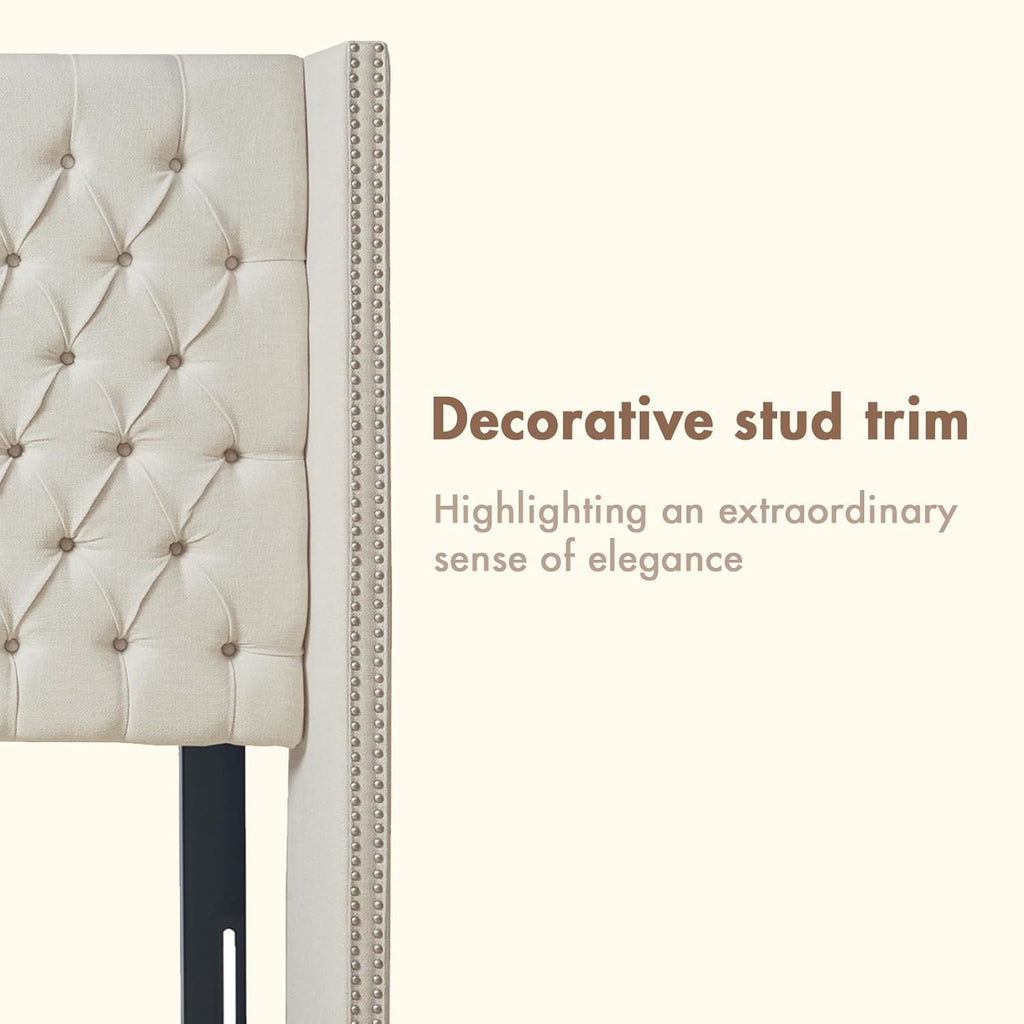 Upholstered Headboard | Nail Head Trim Wingback Button Tufted | Queen, Cream