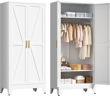 71" Tall Metal Wardrobe Closet with Adjustable Shelves and Hanging Rod, 2 Doors Free Standing Armoire Wardrobe