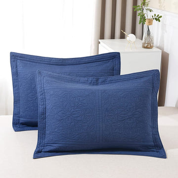 100% Cotton Quilted Pillow Sham Floral Printed Pillow Cover (Standard, Navy Blue)
