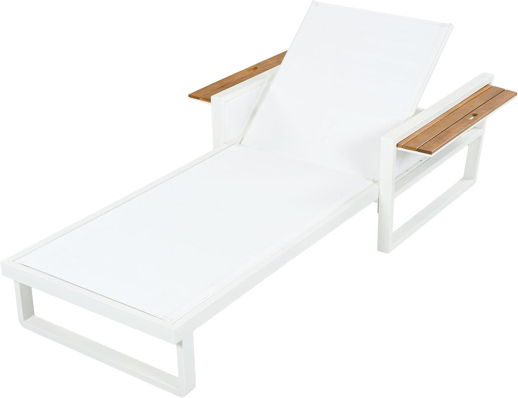 Acacia Wood Chaise Lounge Chair Outdoor with Foldable Armrests, Adjustable Backrest Sun Lounger Recliner
