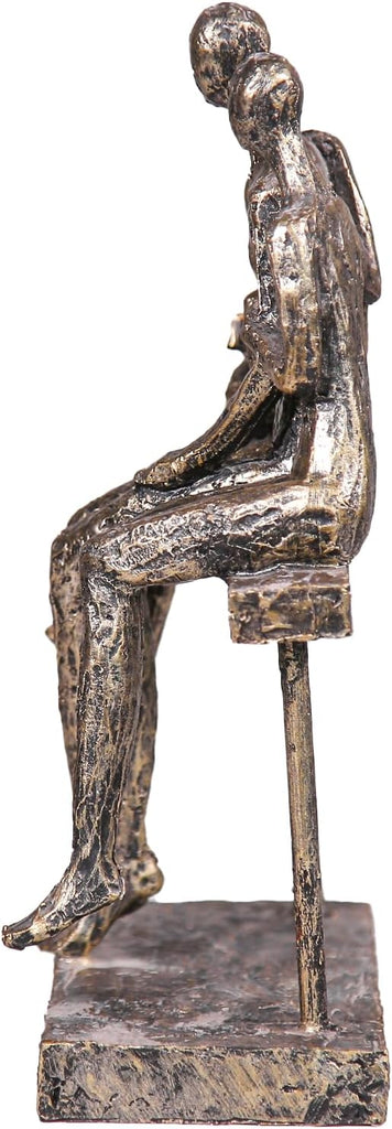 Resin Family Decorative Statue - 3-Person with Pet Dog on Bench, Warm Home Decoration or Desk, Tall 9.84in