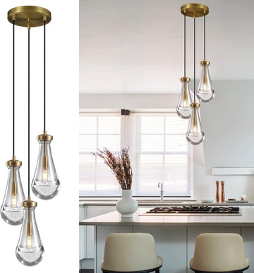 3-Light Raindrop Pendant Light Fixtures, Brass Glass Pendant Lighting, Teardrops Modern Hanging Light for Entryway Foyer Kitchen Island Dining Living Room Hallway