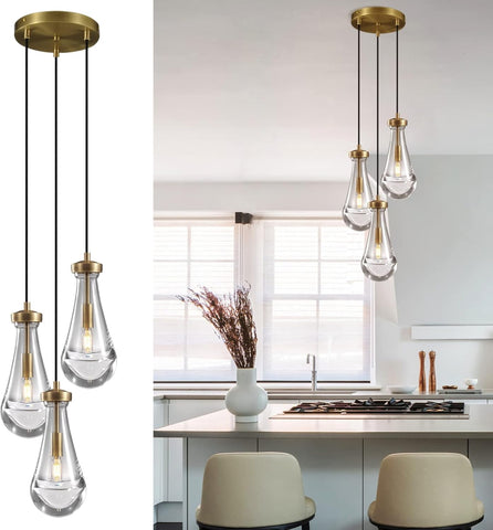 3-Light Raindrop Pendant Light Fixtures, Brass Glass Pendant Lighting, Teardrops Modern Hanging Light for Entryway Foyer Kitchen Island Dining Living Room Hallway A121-B0D49Y4HK3