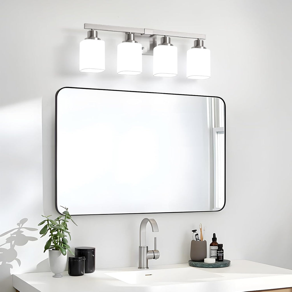 4-Light Bathroom Vanity Light,Brushed Nickel Vanity Lights with Square Frosted Glass,Modern Bathroom Wall Lights
