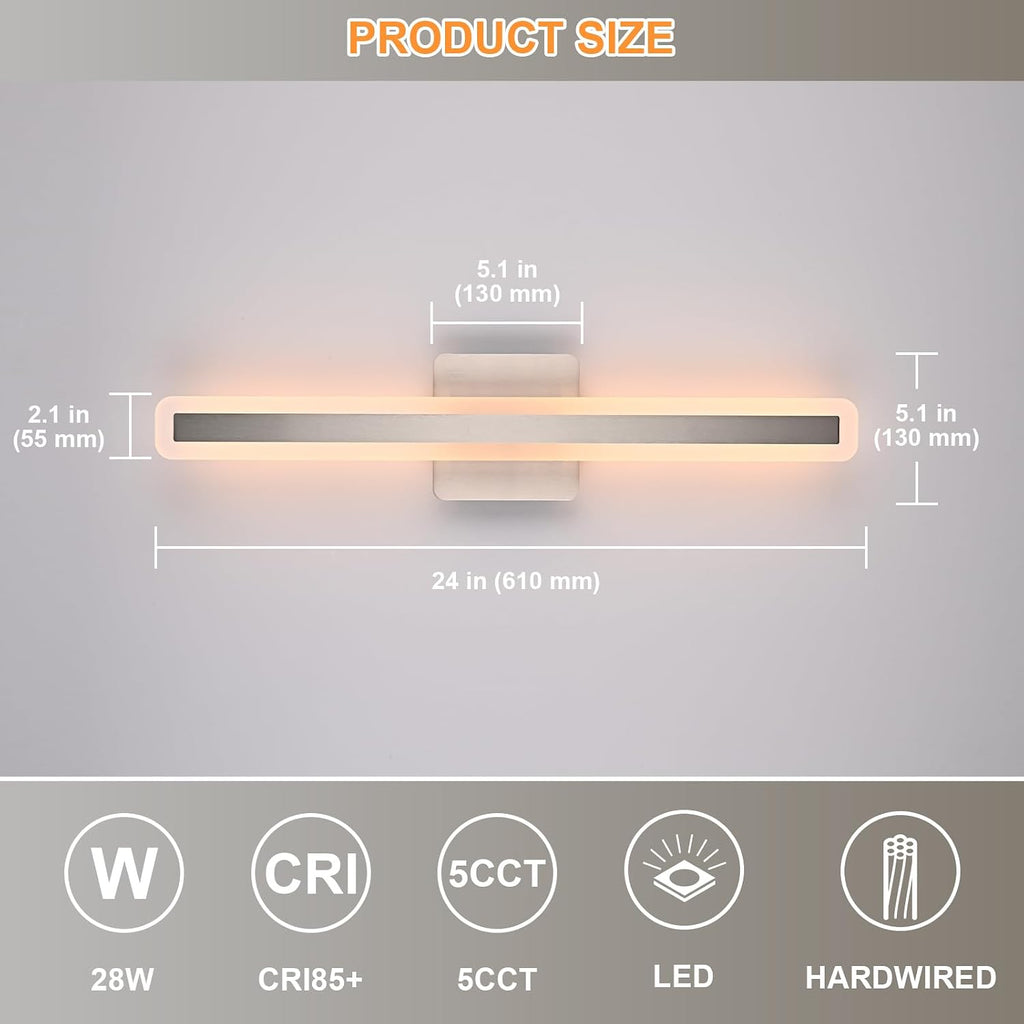 28W Modern Vanity Lights 24.0 Inch LED Vanity Bar Light 5CCT Dimmable Brushed Nickel Wall Sconces LED Bathroom