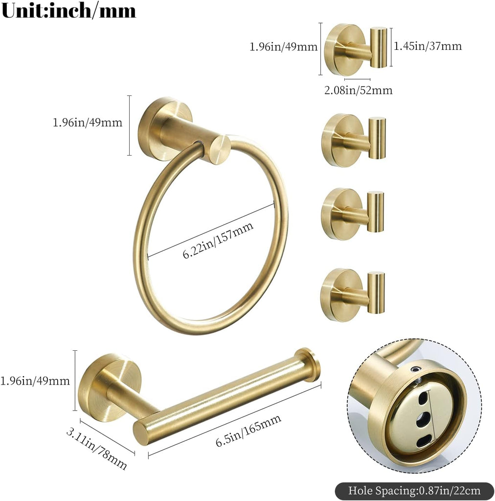 Brushed Gold Bathroom Hardware Set, Gold Toilet Paper Holder Towel Ring and 4 Robe Hooks Hand Towel Holder Bathroom
