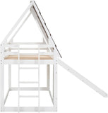 Twin Over Twin House Bunk Bed Frame with Roof,Window,Ladder and Slide for Boys Girls, White & Brown