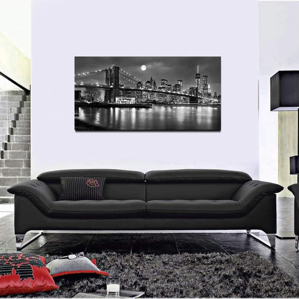 Black and White New York Picture Brooklyn Bridge Canvas Wall Art Full Moon Night Manhattan City Poster Canvas Print