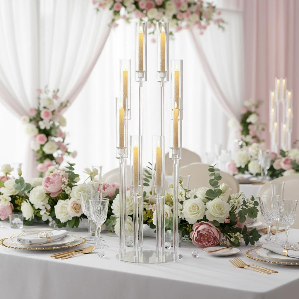 4PCS 8 Arms Clear Candelabra Candle Holder,38.5 inches Tall Arcylic Candlesticks Holder with Shade for Table Dinner