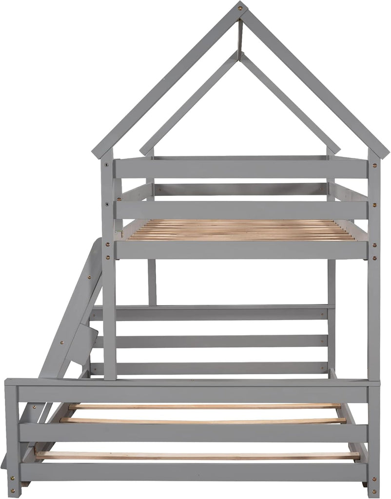 House Floor Bunk Bed with Ladder Twin Over Full,Wood Low Bunk Bed for Kids Juniors