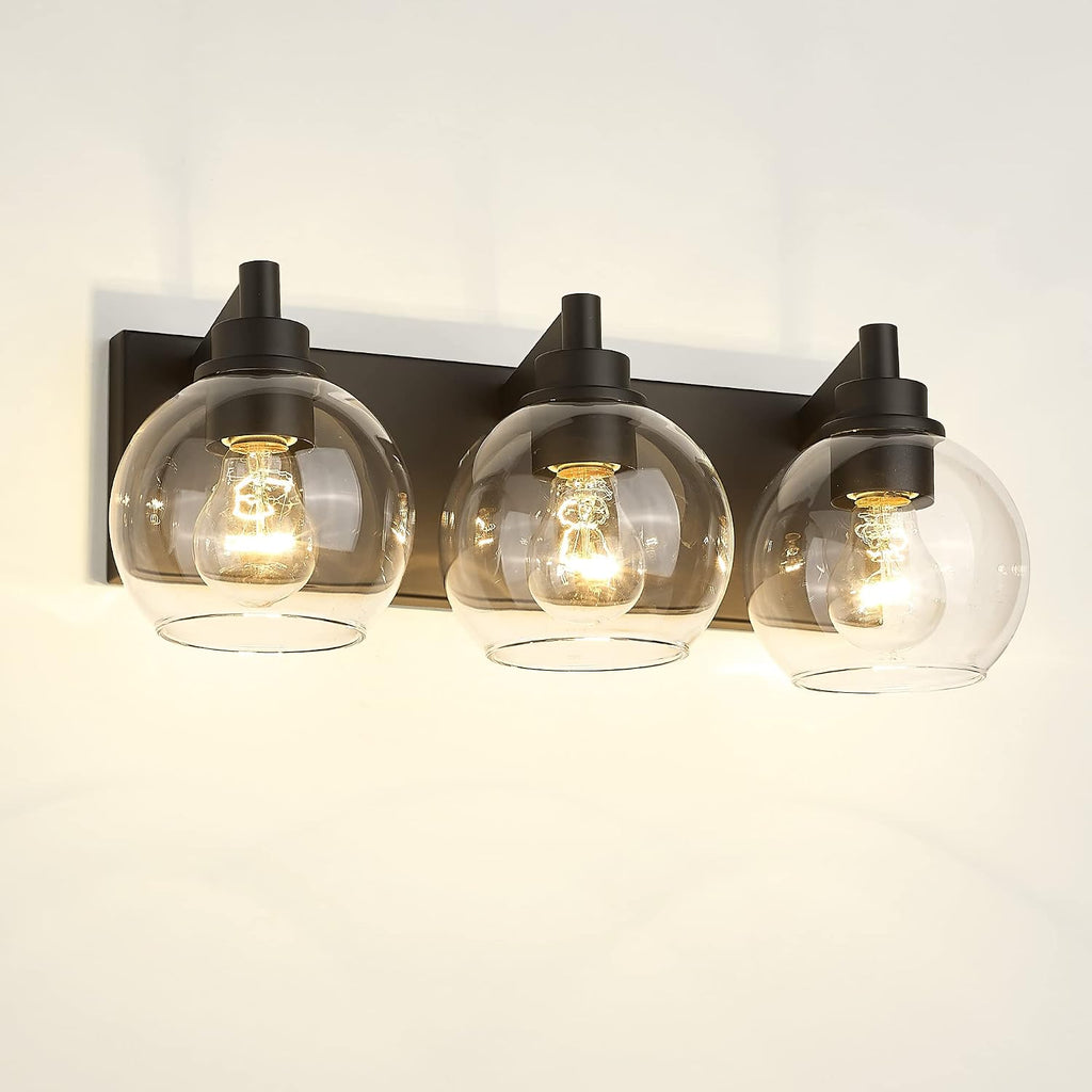 Bathroom Light Fixtures, 3-Light Matte Black Vanity Light, Modern Wall Sconces with Clear Glass Globe Shade, Bathroom