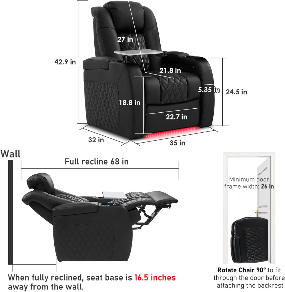 Home Theater Seating Genuine Leather Recliner Chair, Power Reclining & Headrest, USB A/C Charging Ports