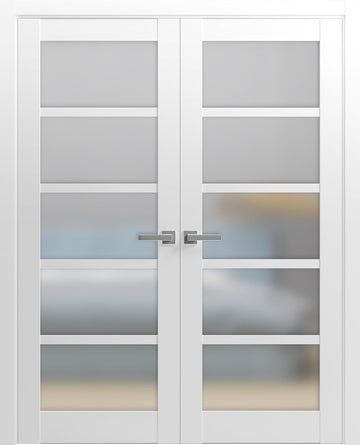 Quadro 4002 | Double Swing Interior French Doors with Glass with Frosted Glass, MDF, Hardware Included, 60x96, White, Modern