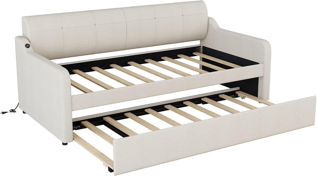 Twin Size Upholstered Daybed with Trundle and USB Charging Port, Pop-Up Trundle Flat or Elevated, Woven Fabric Day